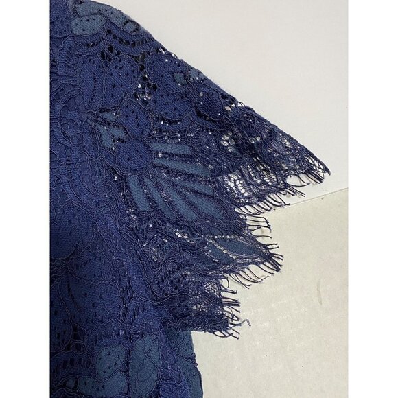 Storia Lace Dress with Plunging Sheer Neckline and Short Sleeves Navy Blue Size - Picture 3 of 12